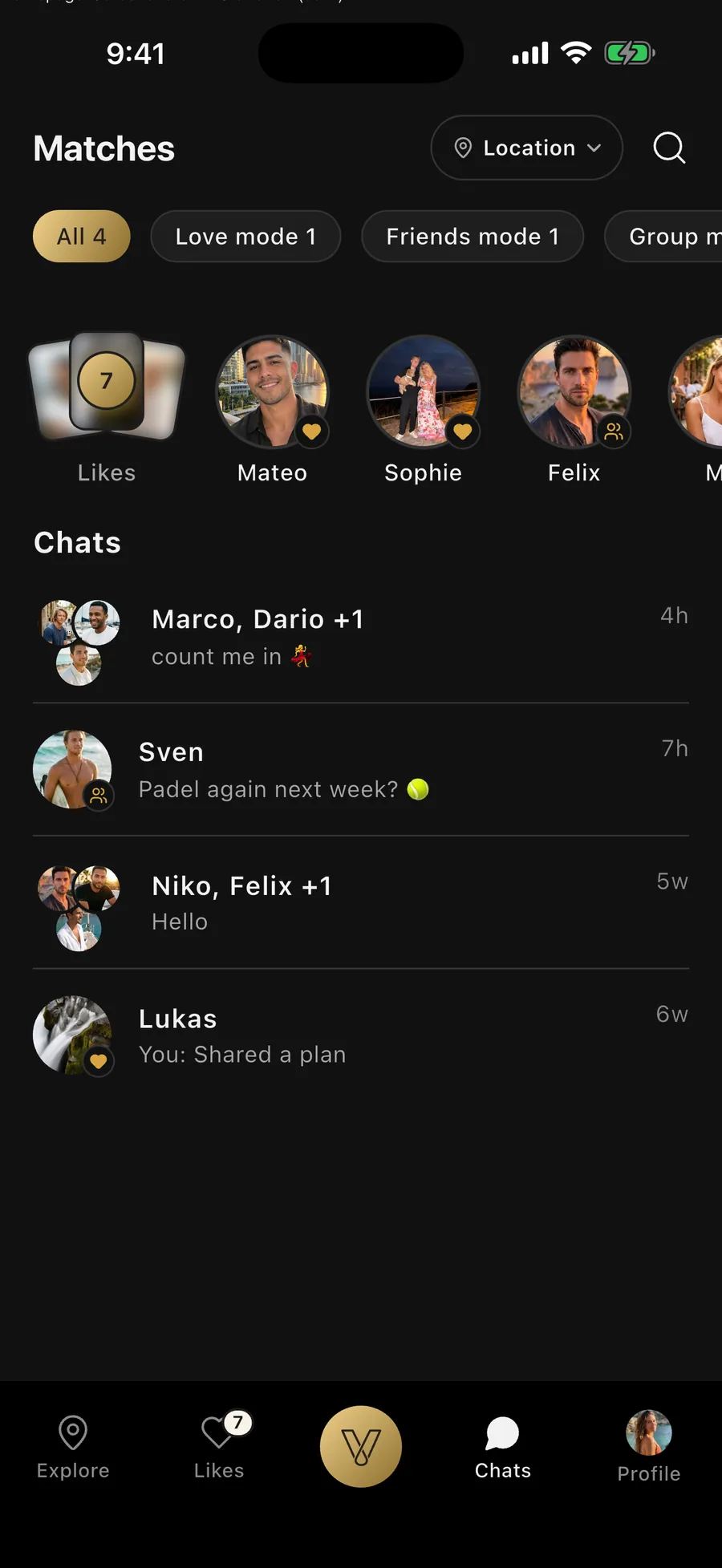 The chats overview in the Vennu app with matches and group chats