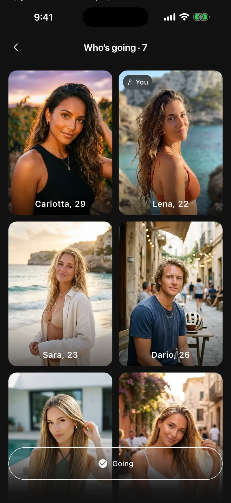 The list of members going to an event in the Vennu app