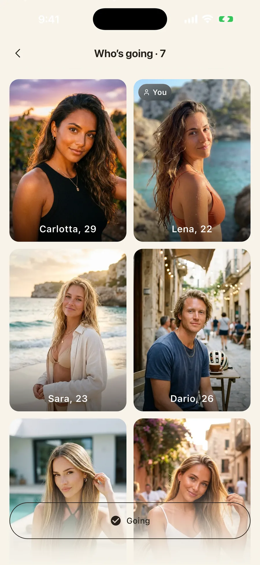 The list of members going to an event in the Vennu app