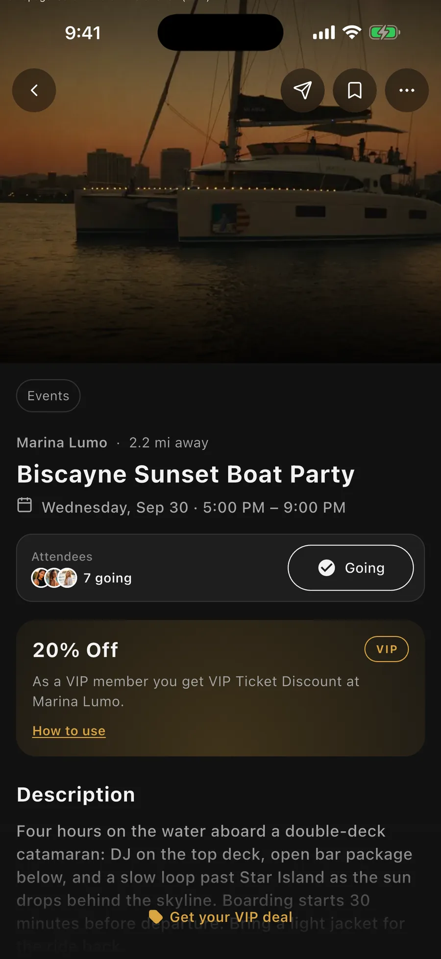 An event page in the Vennu app with date, place and who's going