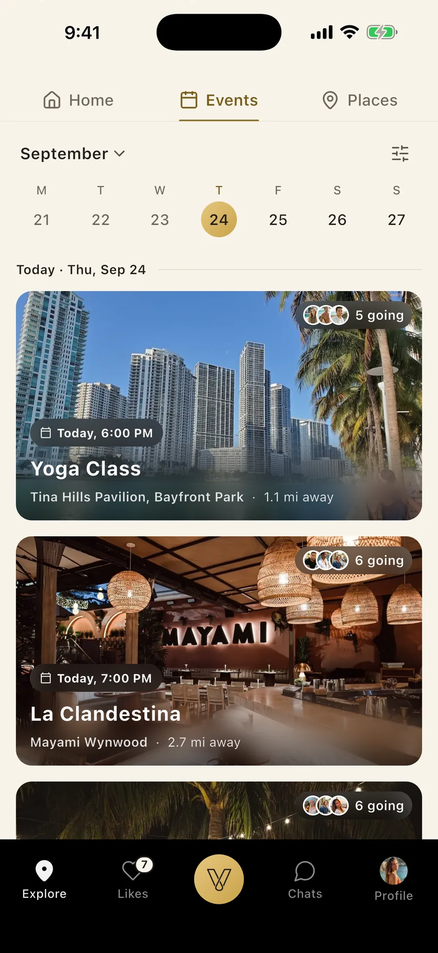 The Vennu events calendar with a week strip and this week's events