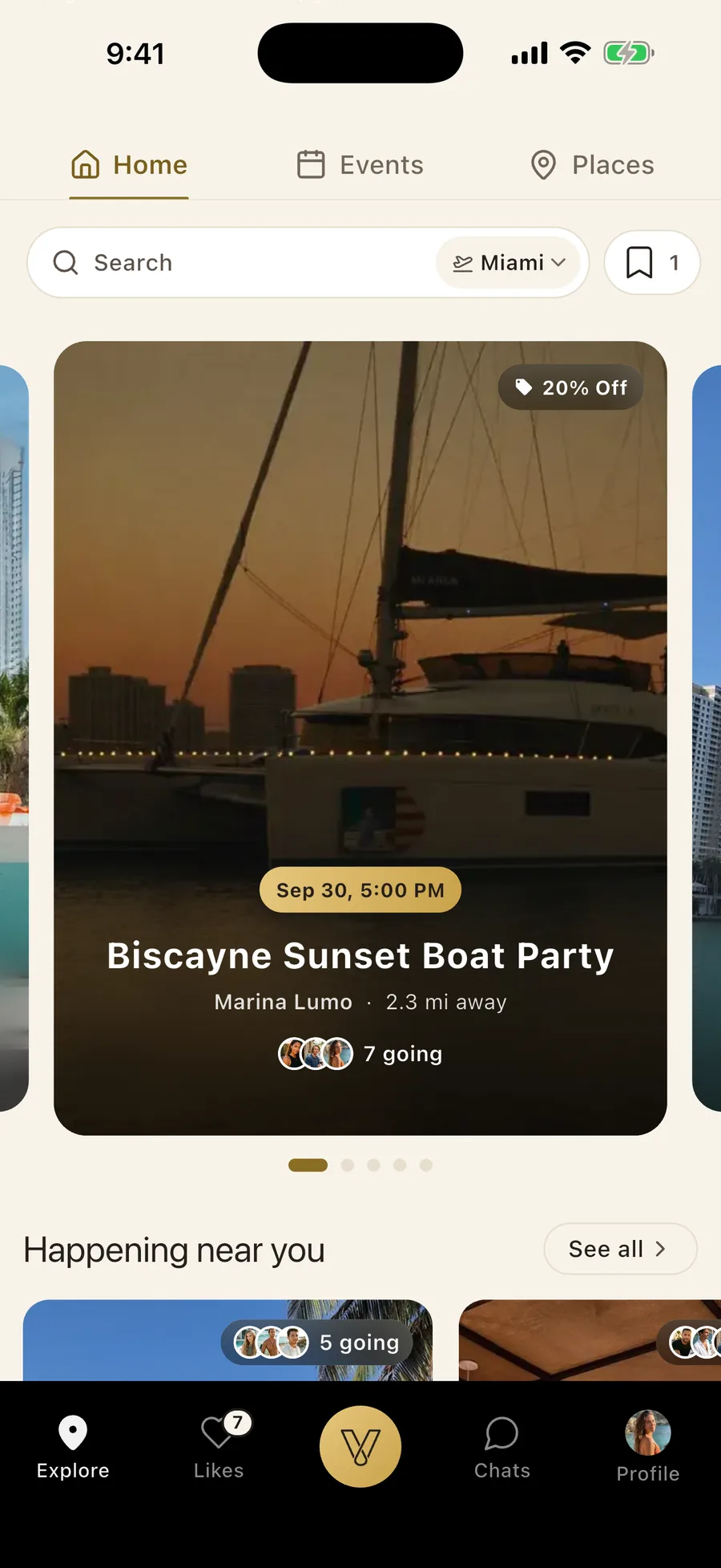 The Events tab in the Vennu app with tonight's picks, deals and places nearby