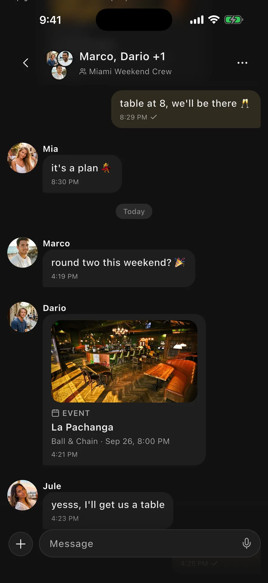 A group chat planning a night out in the Vennu app