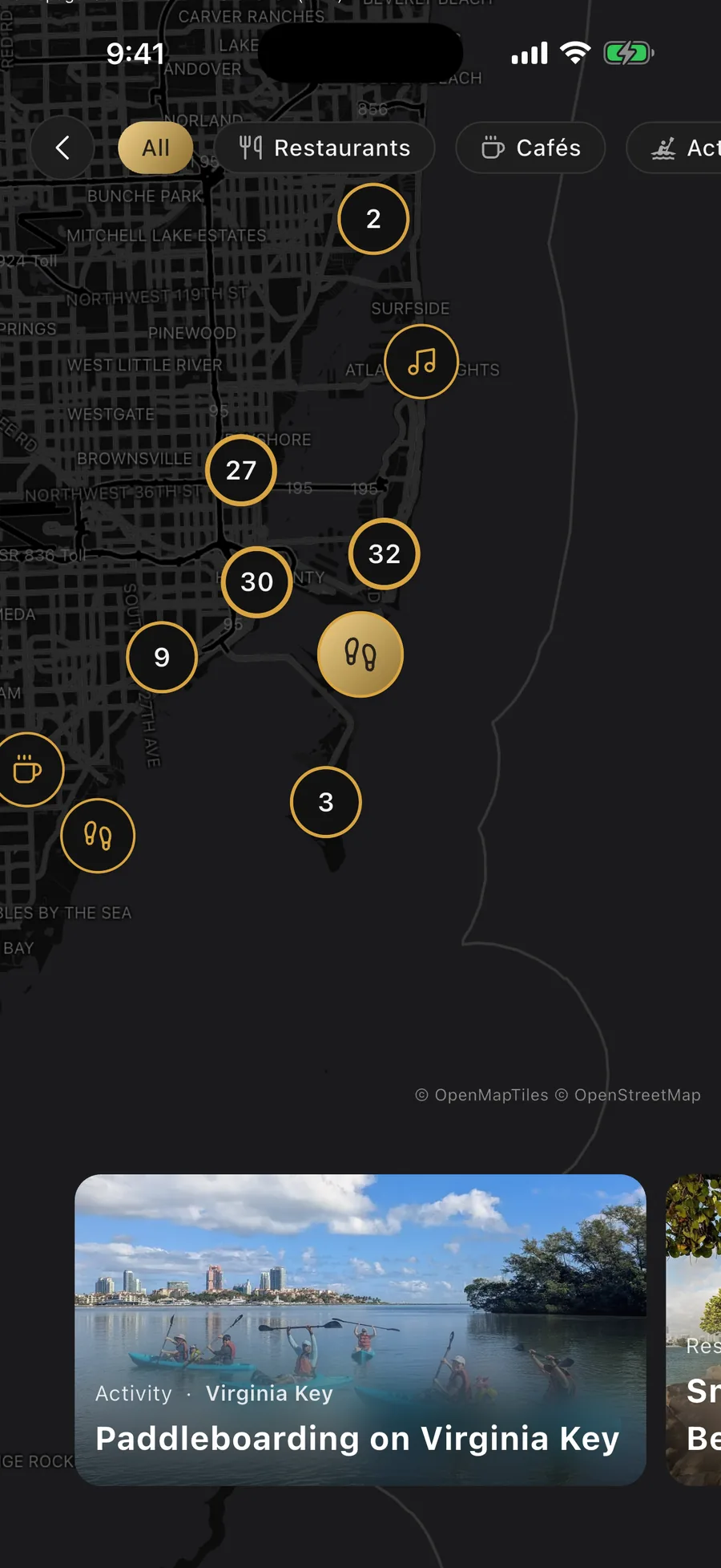 The Vennu map with events and places as pins