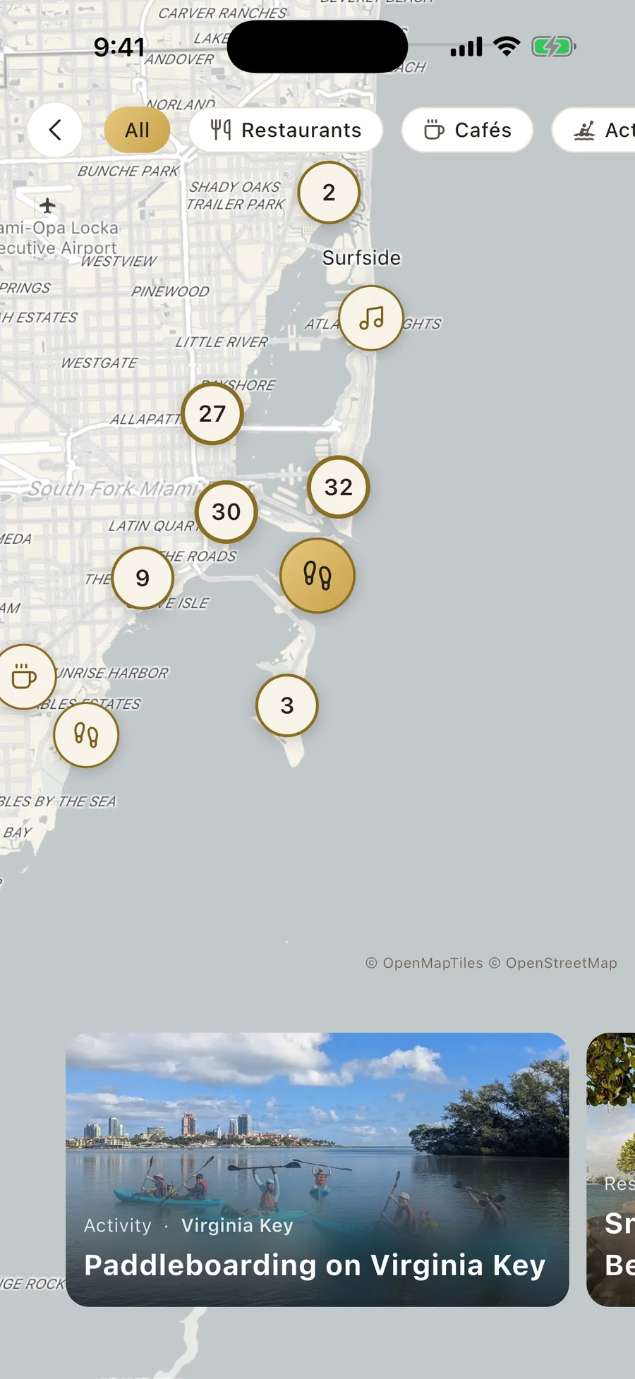 The Vennu map with events and places as pins
