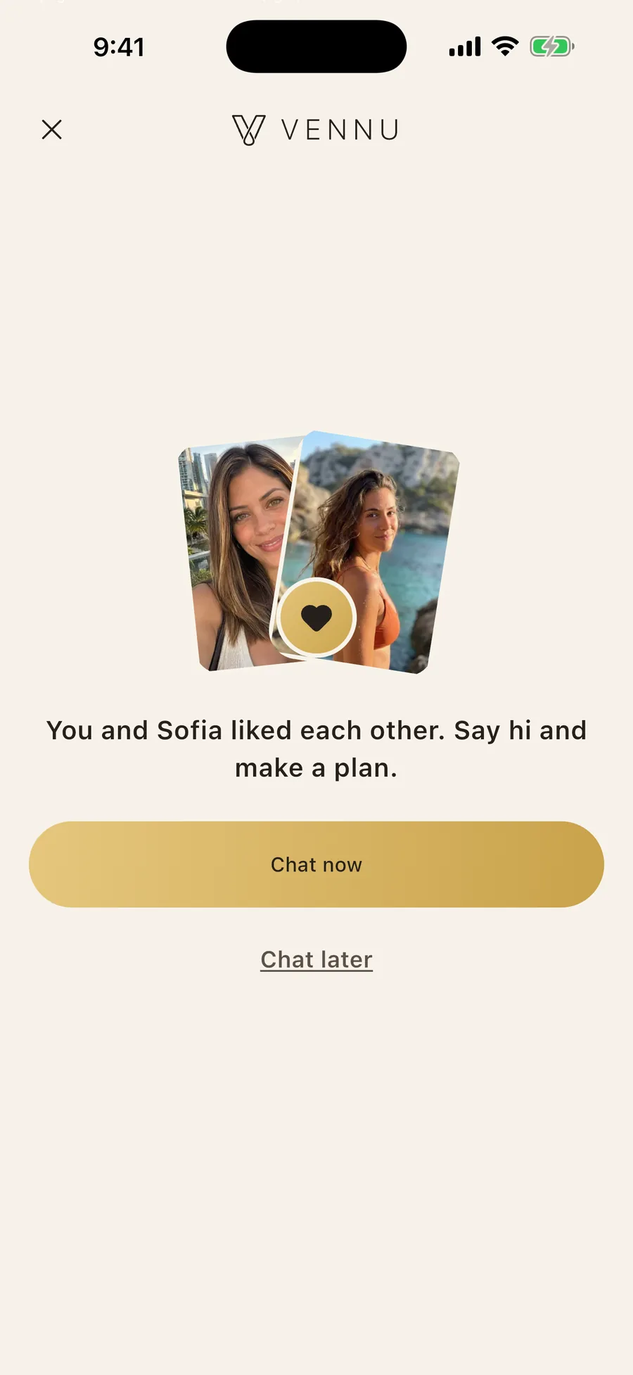 The “It's a match” screen in the Vennu app