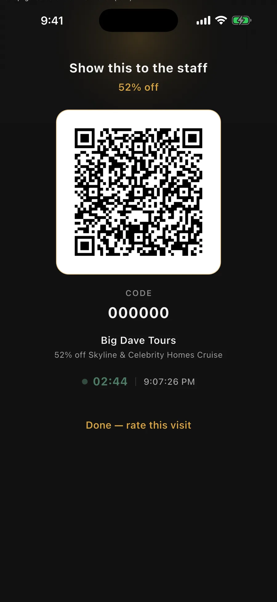 A VIP pass with a QR code to show at the venue in the Vennu app
