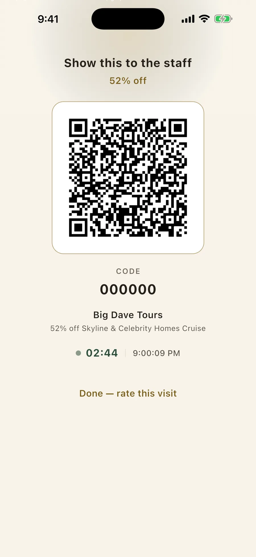 A VIP pass with a QR code to show at the venue in the Vennu app